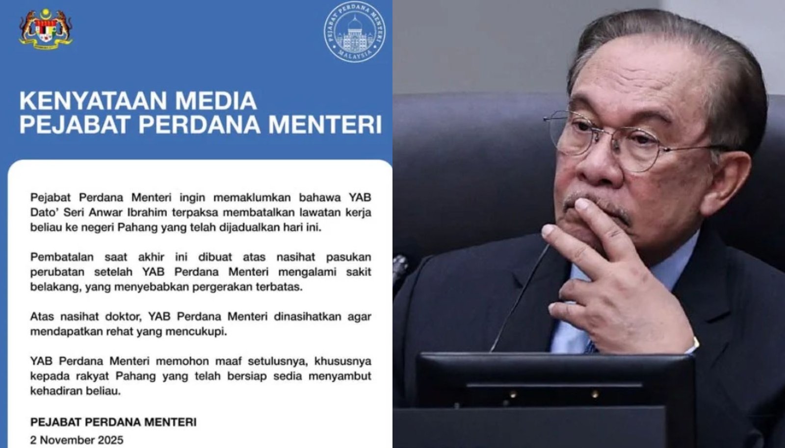 முதுகு வலியால் பிரதமர் அவதி; பஹாங்கிற்கான பணிநிமித்தப் பயணம் இரத்து