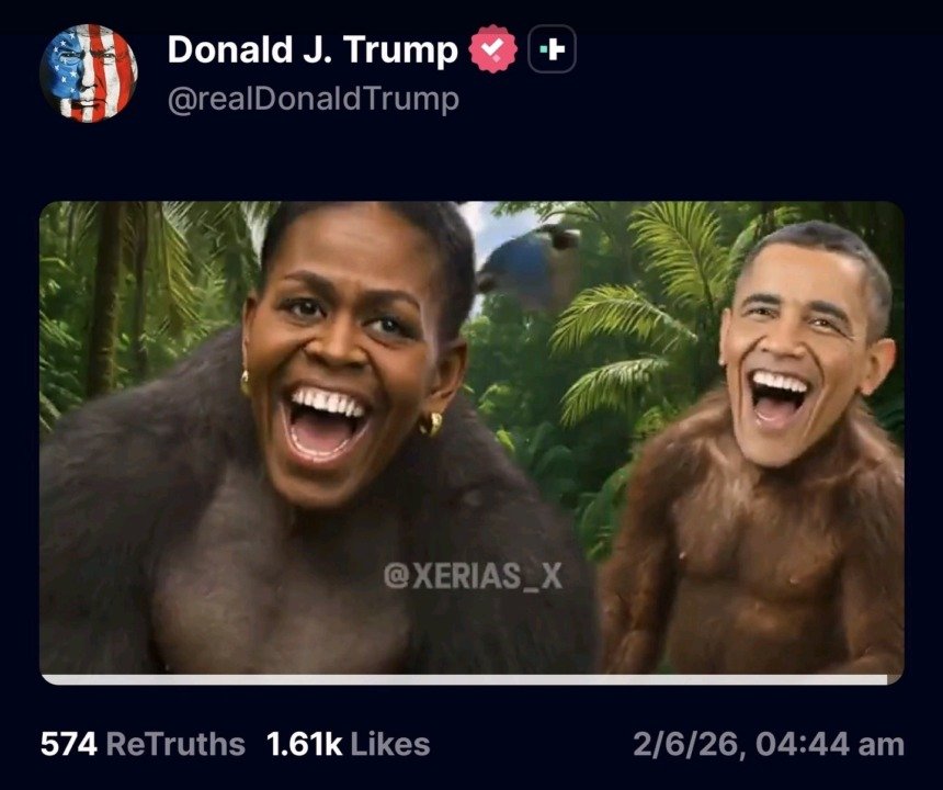 ஒபாமா தம்பதியரை ‘குரங்குகளாக’ காட்டும் வீடியோவை பகிர்ந்த ட்ரம்ப்; அமெரிக்காவில் கடும் சர்ச்சை