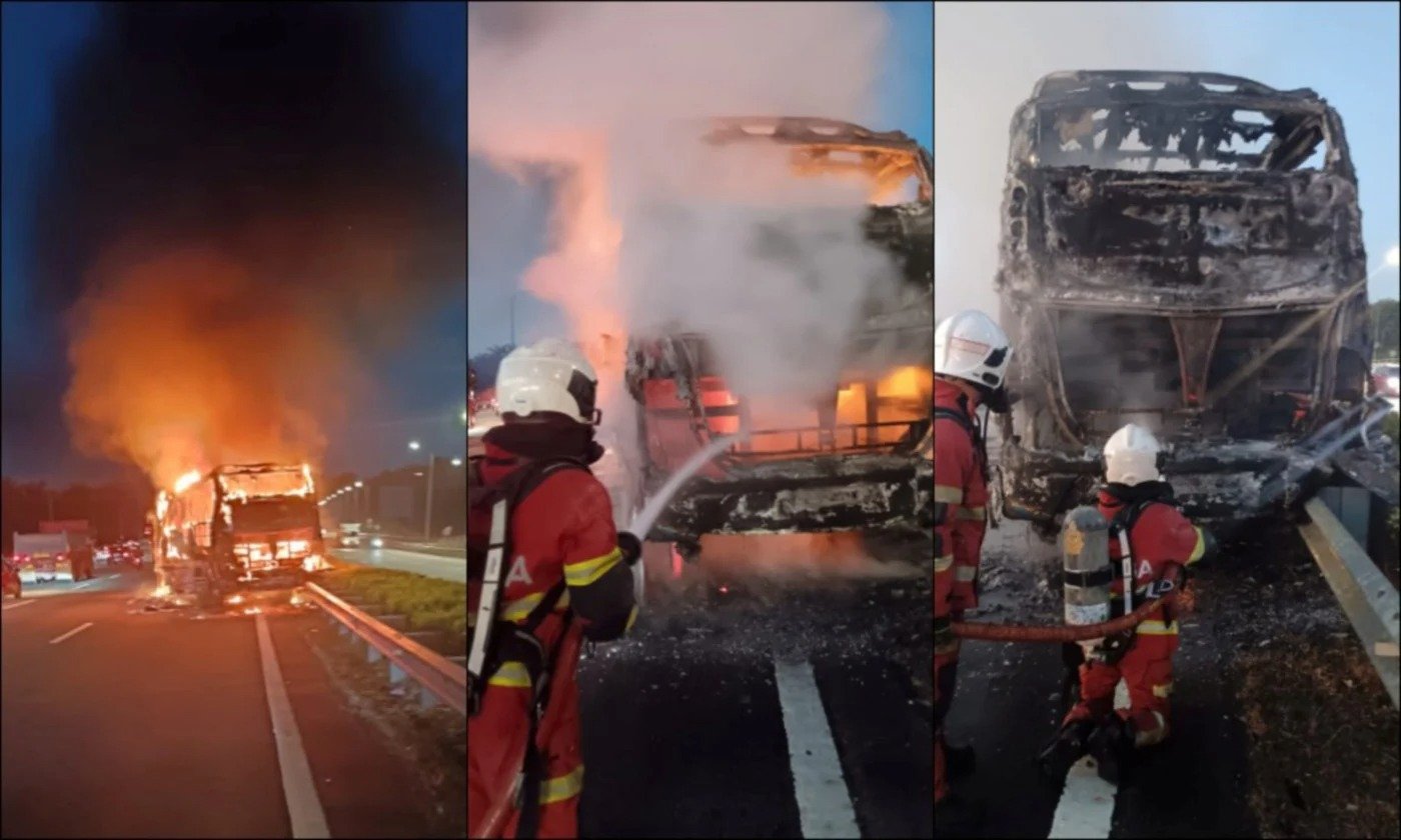 ஜோகூர் கேலாங் பாத்தா R&R-இல் தீப்பிடித்து எரிந்த தொழிற்சாலை பேருந்து