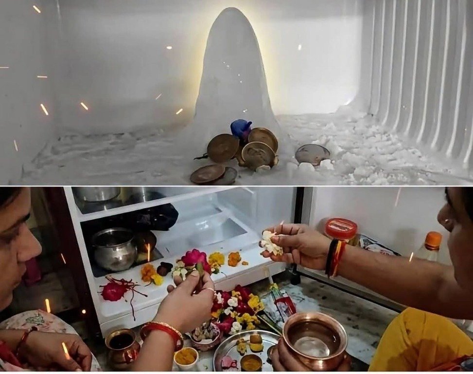 ஆக்ராவில் குளிர்சாதனப் பெட்டியில் பனி சிவலிங்கமா? பரபரப்பாகக் கூடிய மக்கள்